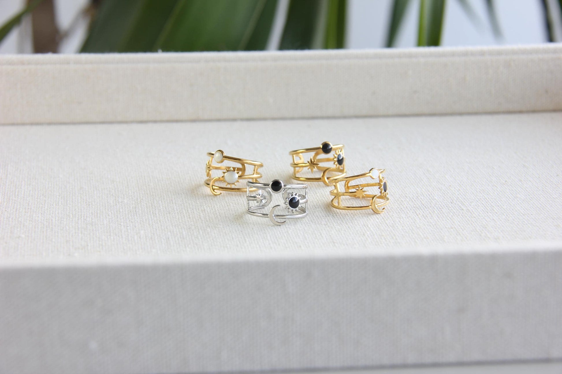 Sun Moon Star Ring 18K Gold Celestial Enamel Ring Adjustable Sun and Moons Rings Statement Rings for Women Waterproof Handmade Jewelry Gifts