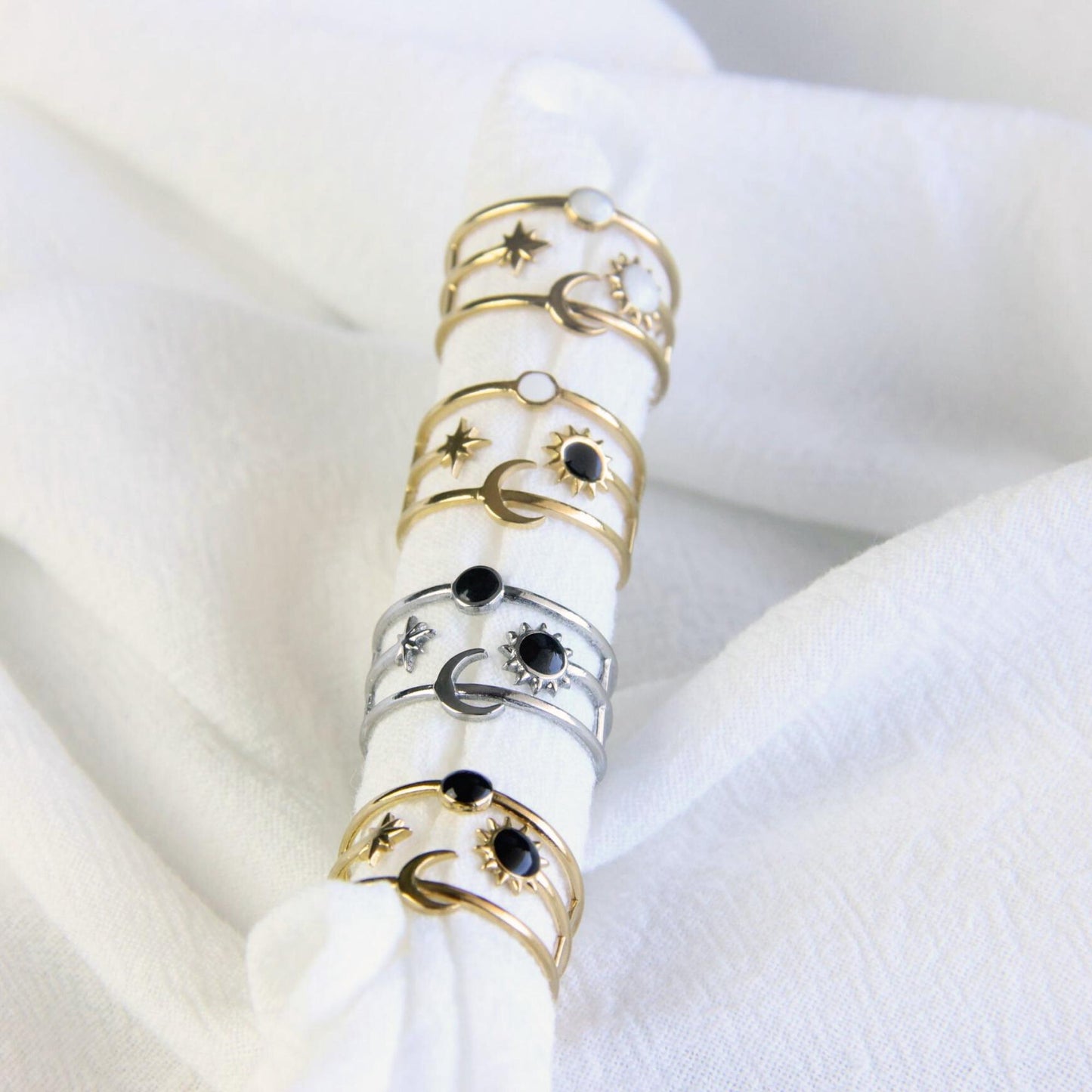 Sun Moon Star Ring 18K Gold Celestial Enamel Ring Adjustable Sun and Moons Rings Statement Rings for Women Waterproof Handmade Jewelry Gifts