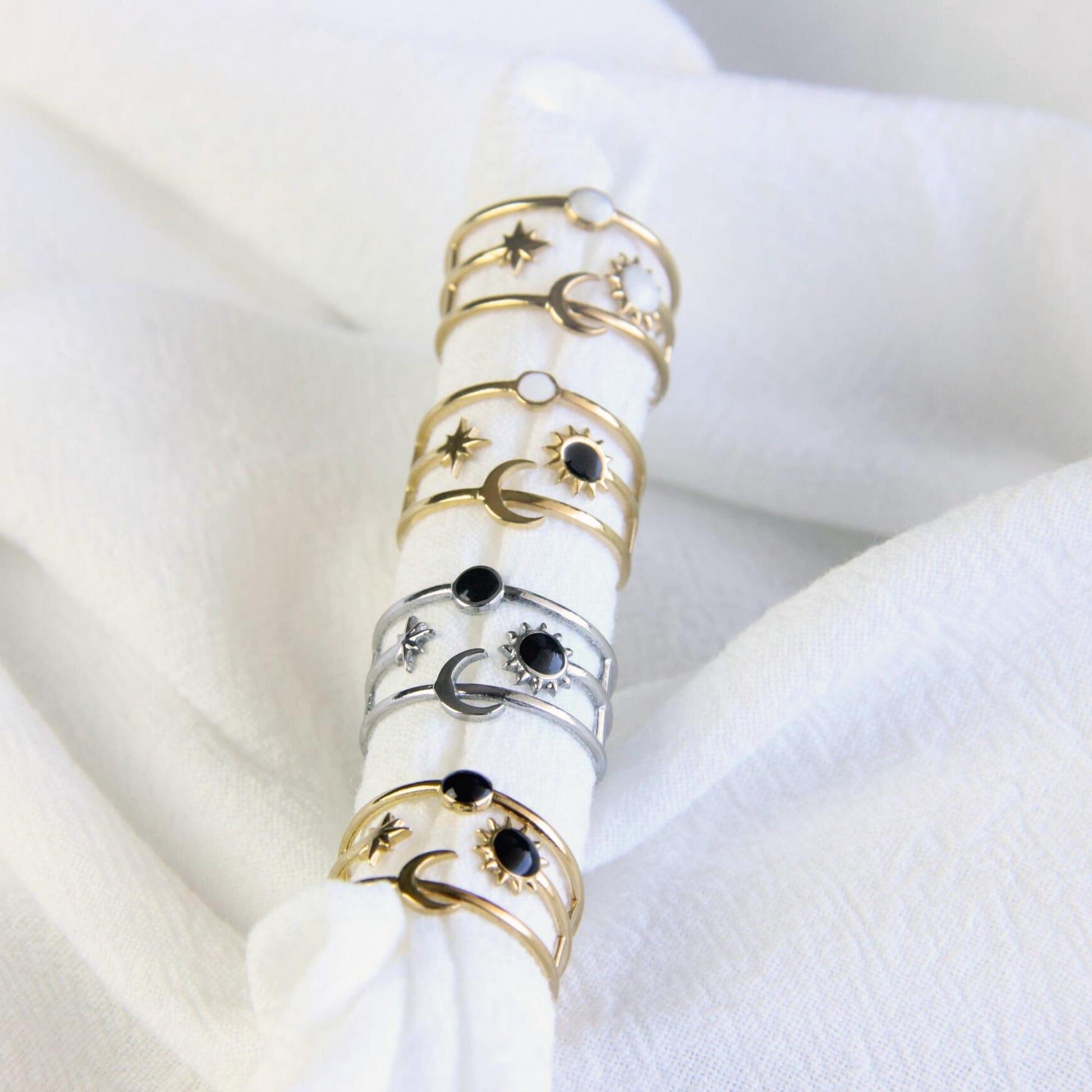 Sun Moon Star Ring 18K Gold Celestial Enamel Ring Adjustable Sun and Moons Rings Statement Rings for Women Waterproof Handmade Jewelry Gifts