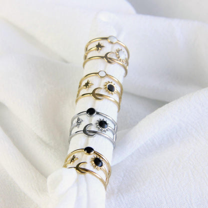Sun Moon Star Ring 18K Gold Celestial Enamel Ring Adjustable Sun and Moons Rings Statement Rings for Women Waterproof Handmade Jewelry Gifts