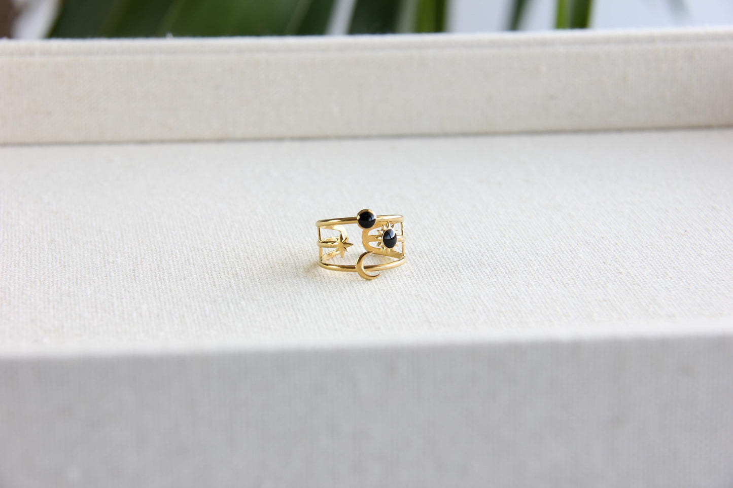 Sun Moon Star Ring 18K Gold Celestial Enamel Ring Adjustable Sun and Moons Rings Statement Rings for Women Waterproof Handmade Jewelry Gifts
