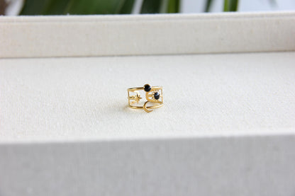 Sun Moon Star Ring 18K Gold Celestial Enamel Ring Adjustable Sun and Moons Rings Statement Rings for Women Waterproof Handmade Jewelry Gifts