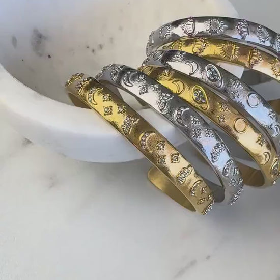 18K Gold Cuff Bracelet Celestial Open Bangle Stacking Gold Bracelet Waterproof Cuff Bracelet Unique Jewelry Bracelet Gift for Mom
