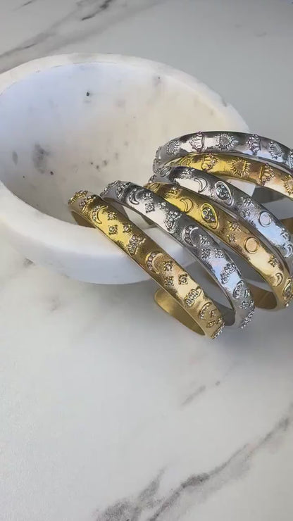 18K Gold Cuff Bracelet Celestial Open Bangle Stacking Gold Bracelet Waterproof Cuff Bracelet Unique Jewelry Bracelet Gift for Mom