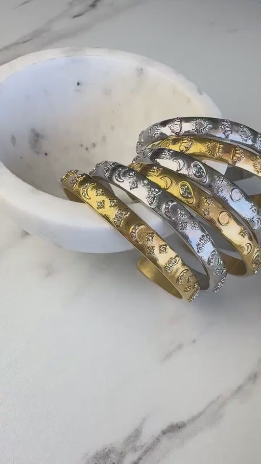 18K Gold Cuff Bracelet Celestial Open Bangle Stacking Gold Bracelet Waterproof Cuff Bracelet Unique Jewelry Bracelet Gift for Mom