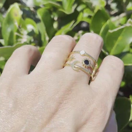 Sun Moon Star Ring 18K Gold Celestial Enamel Ring Adjustable Sun and Moons Rings Statement Rings for Women Waterproof Handmade Jewelry Gifts