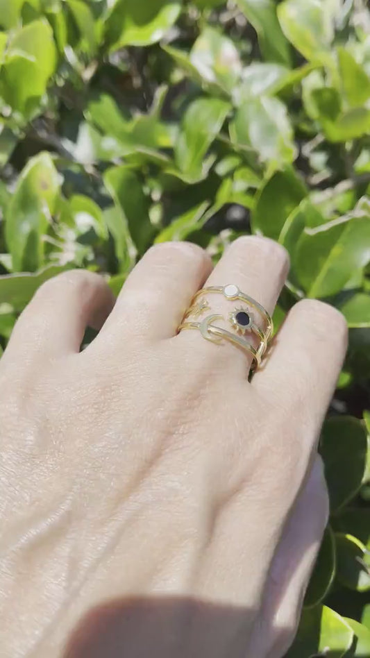 Sun Moon Star Ring 18K Gold Celestial Enamel Ring Adjustable Sun and Moons Rings Statement Rings for Women Waterproof Handmade Jewelry Gifts