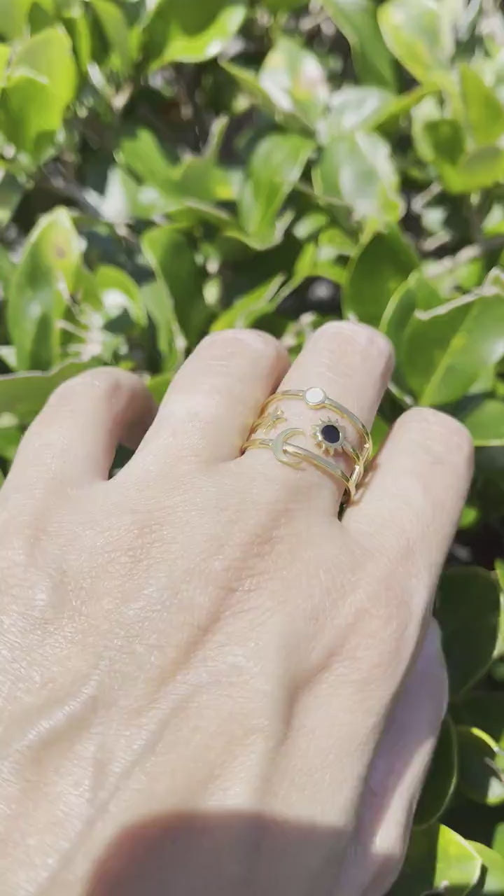 Sun Moon Star Ring 18K Gold Celestial Enamel Ring Adjustable Sun and Moons Rings Statement Rings for Women Waterproof Handmade Jewelry Gifts