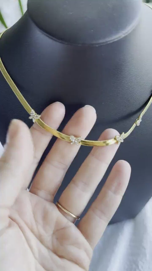 Chain Choker Necklace, CZ Gold Choker,Waterproof Flat Choker Chain Necklace,Herringbone Gold Layering Chain Necklace,Mother Day Gift for Her