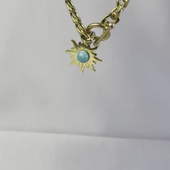 Turquoise Charm Chain Necklace,Gold Sun Necklace,18K Gold Thick Chain Necklace,Layering Statement Gemstone Necklace,Mothers Day Gift for Her