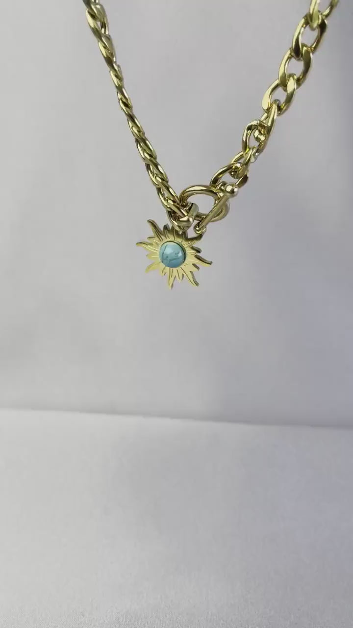 Turquoise Charm Chain Necklace,Gold Sun Necklace,18K Gold Thick Chain Necklace,Layering Statement Gemstone Necklace,Mothers Day Gift for Her