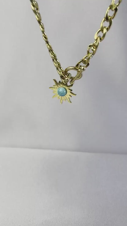 Turquoise Charm Chain Necklace,Gold Sun Necklace,18K Gold Thick Chain Necklace,Layering Statement Gemstone Necklace,Mothers Day Gift for Her