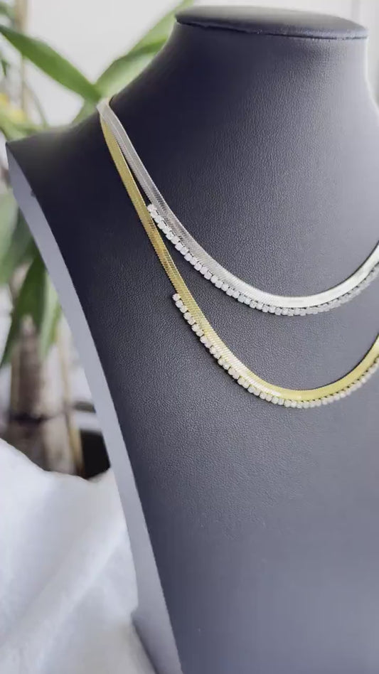 Herringbone Zirconia Chain Choker Necklace, Waterproof Flat Gold Choker Chain Necklace,Gold Layering Chain Necklace,Mothers Day Gift for Her