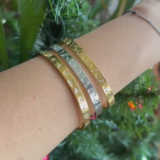 18K Gold Cuff Bracelet Celestial Open Bangle Stacking Gold Bracelet Waterproof Cuff Bracelet Unique Jewelry Bracelet Gift for Mom