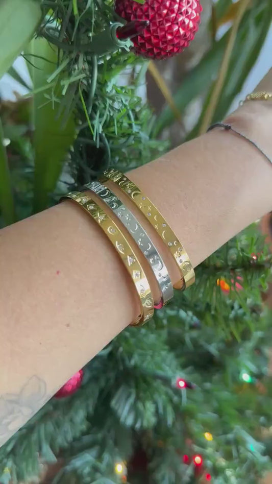 18K Gold Cuff Bracelet Celestial Open Bangle Stacking Gold Bracelet Waterproof Cuff Bracelet Unique Jewelry Bracelet Gift for Mom