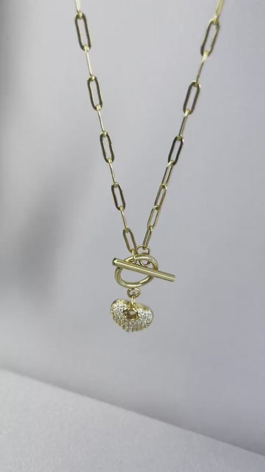 CZ Heart Love Necklace,Paperclip Chain Heart Charm Necklace,Waterproof Gold Heart Jewelry Women Gold Necklace,Handmade Mothers Day Gift