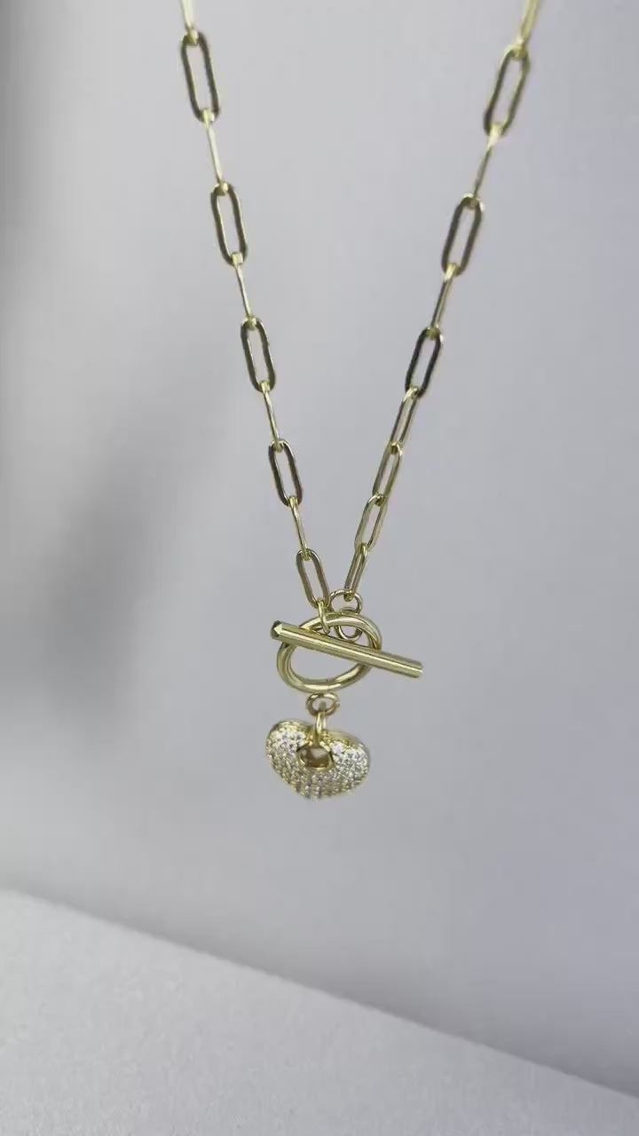 CZ Heart Love Necklace,Paperclip Chain Heart Charm Necklace,Waterproof Gold Heart Jewelry Women Gold Necklace,Handmade Mothers Day Gift