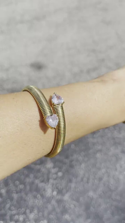 Gold Elastic Love Chain Bracelet, Stretch Bangle CZ Heart Bracelet, Waterproof Gold Bangle for Women, Unique Jewelry Bracelet, Gift for Mom